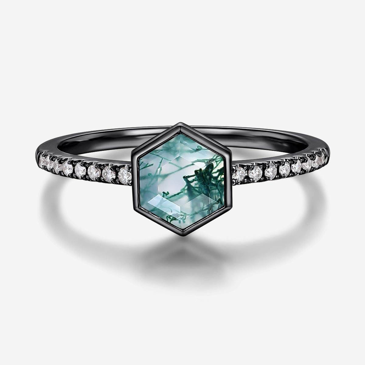 Bezel setting Hexagon cut Moss Agate Half Eternity Gold Engagement Ring