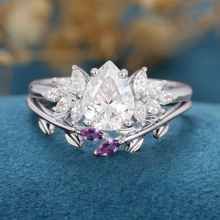 Pear cut Moissanite Cluster Engagement ring Bridal Set