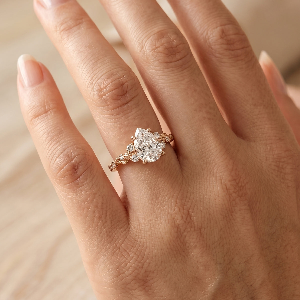 1.0CT~5.0CT Pear cut Lab grown Diamond Luxury Pave Leaf Engagement Ring