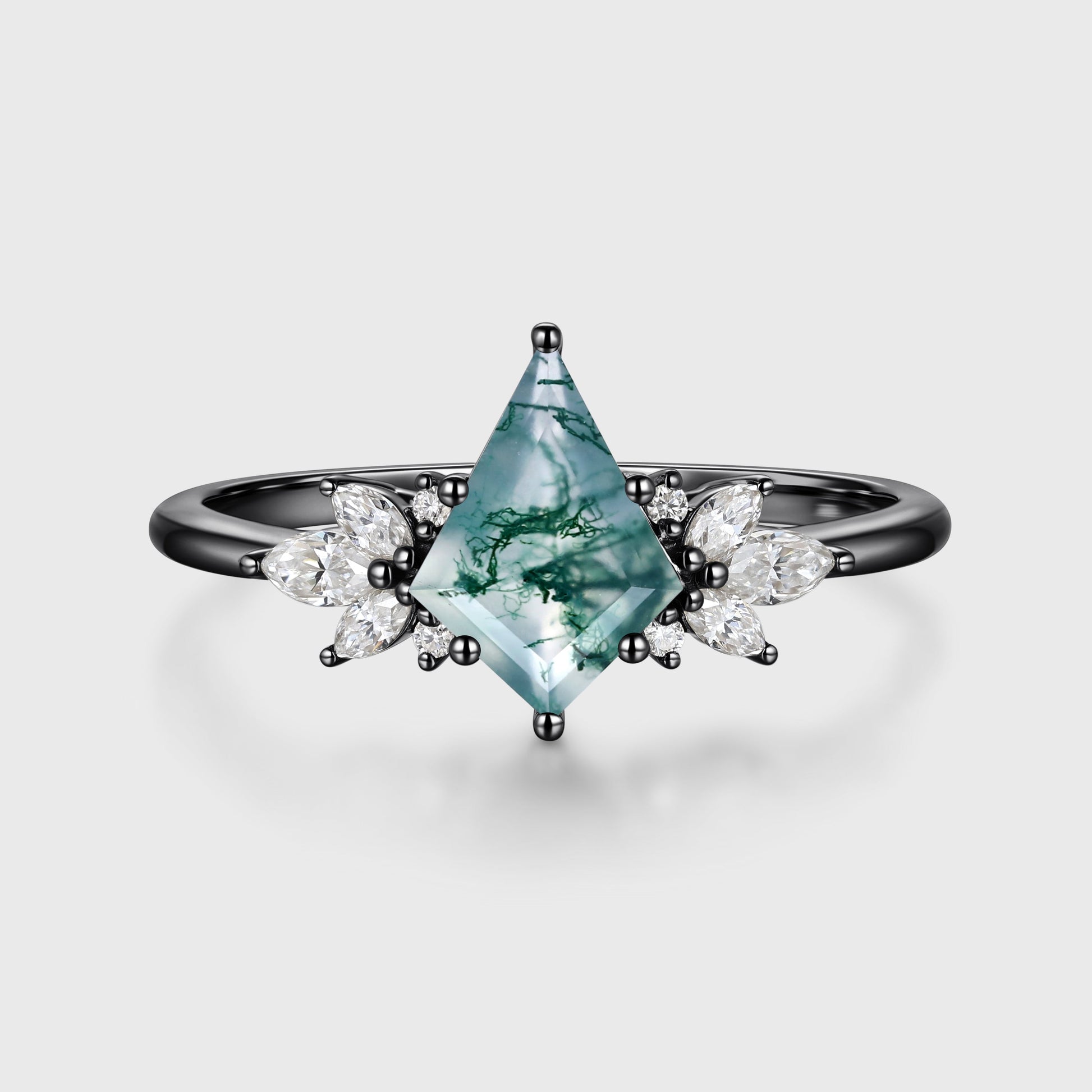 Kite Cut Natural Green Moss Agate Cluster Engagement Ring