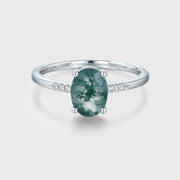 Oval Cut Natural Green Moss Agate Cluster Engagement Ring