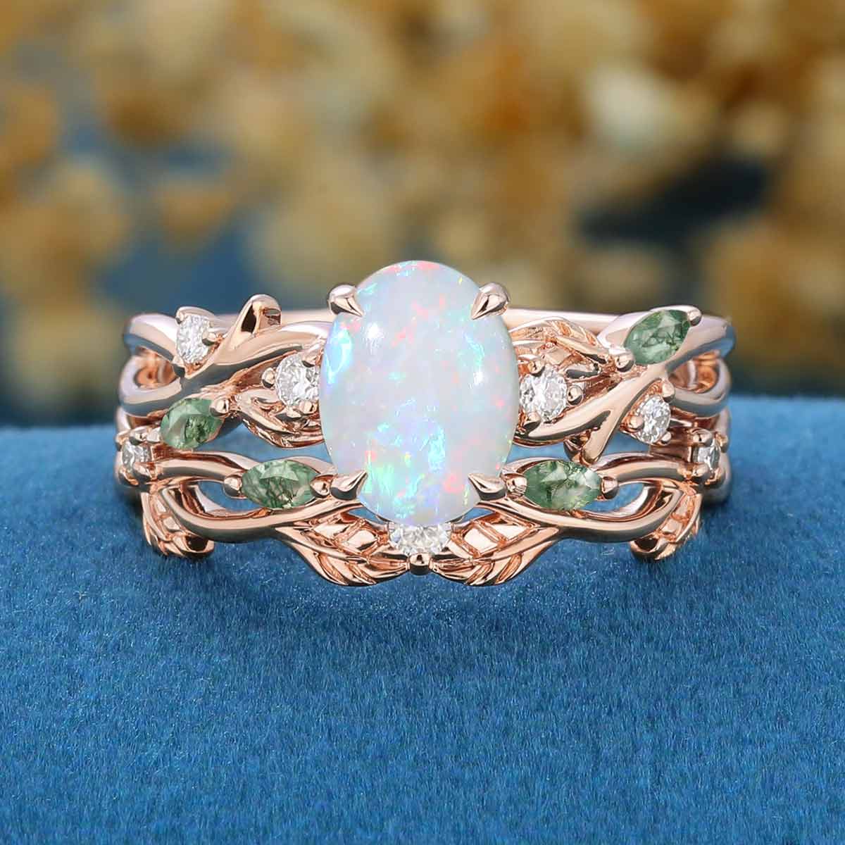 Oval cut Opal Engagement ring + Moss Agate Curved Wedding bridal set