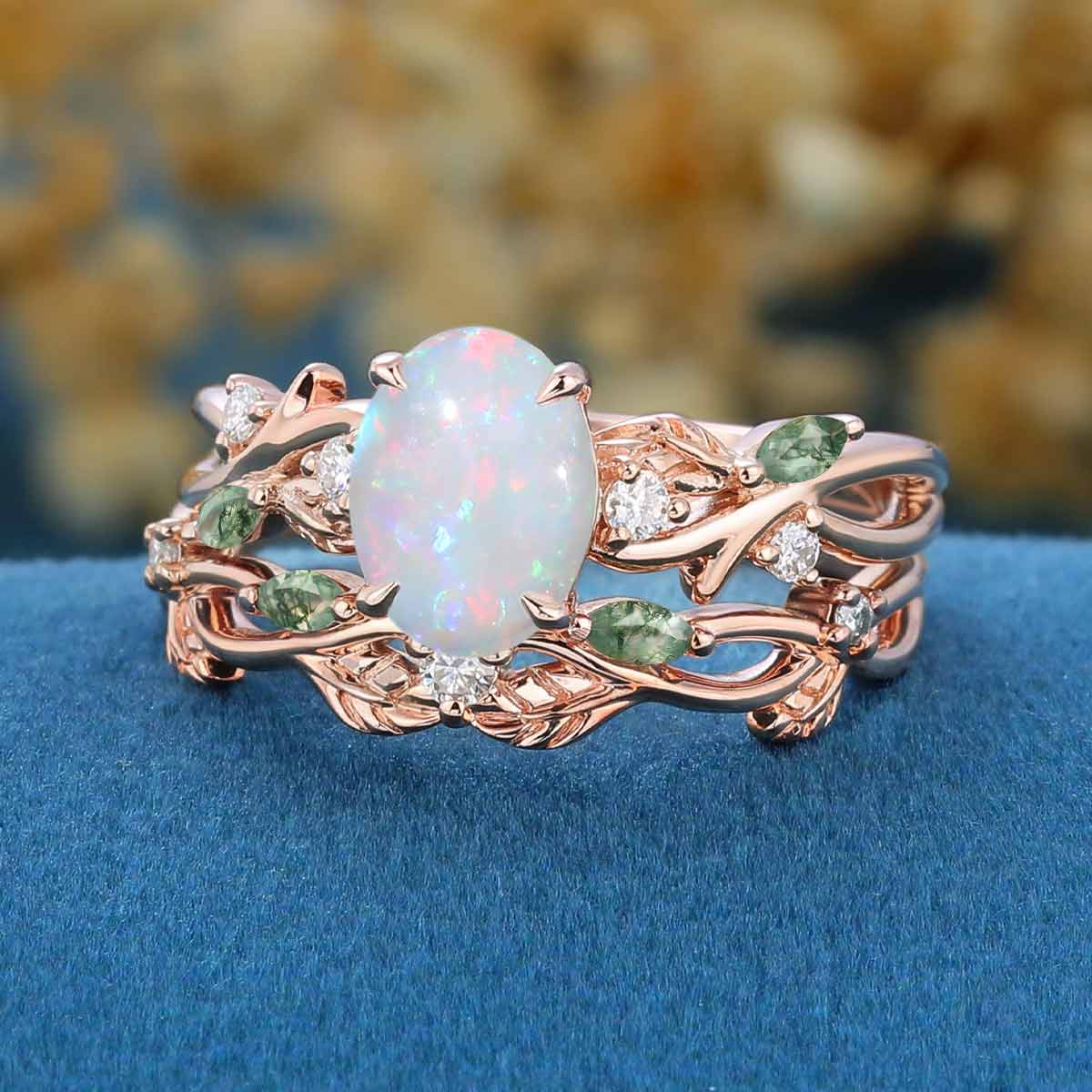 Oval cut Opal Engagement ring + Moss Agate Curved Wedding bridal set