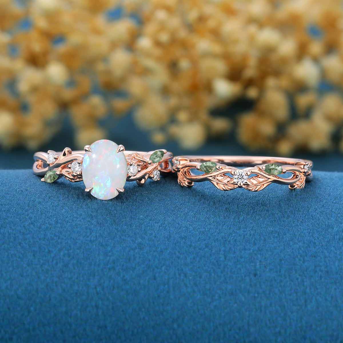 Oval cut Opal Engagement ring + Moss Agate Curved Wedding bridal set