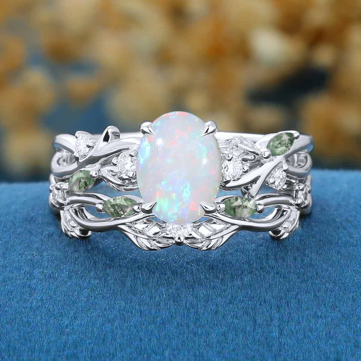 Oval cut Opal Engagement ring + Moss Agate Curved Wedding bridal set