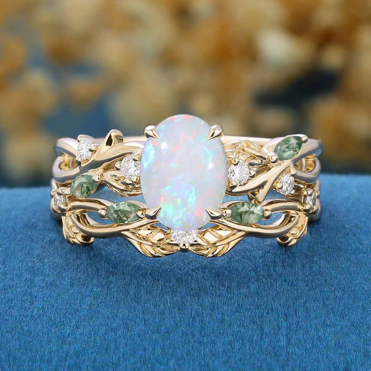 Oval cut Opal Engagement ring + Moss Agate Curved Wedding bridal set