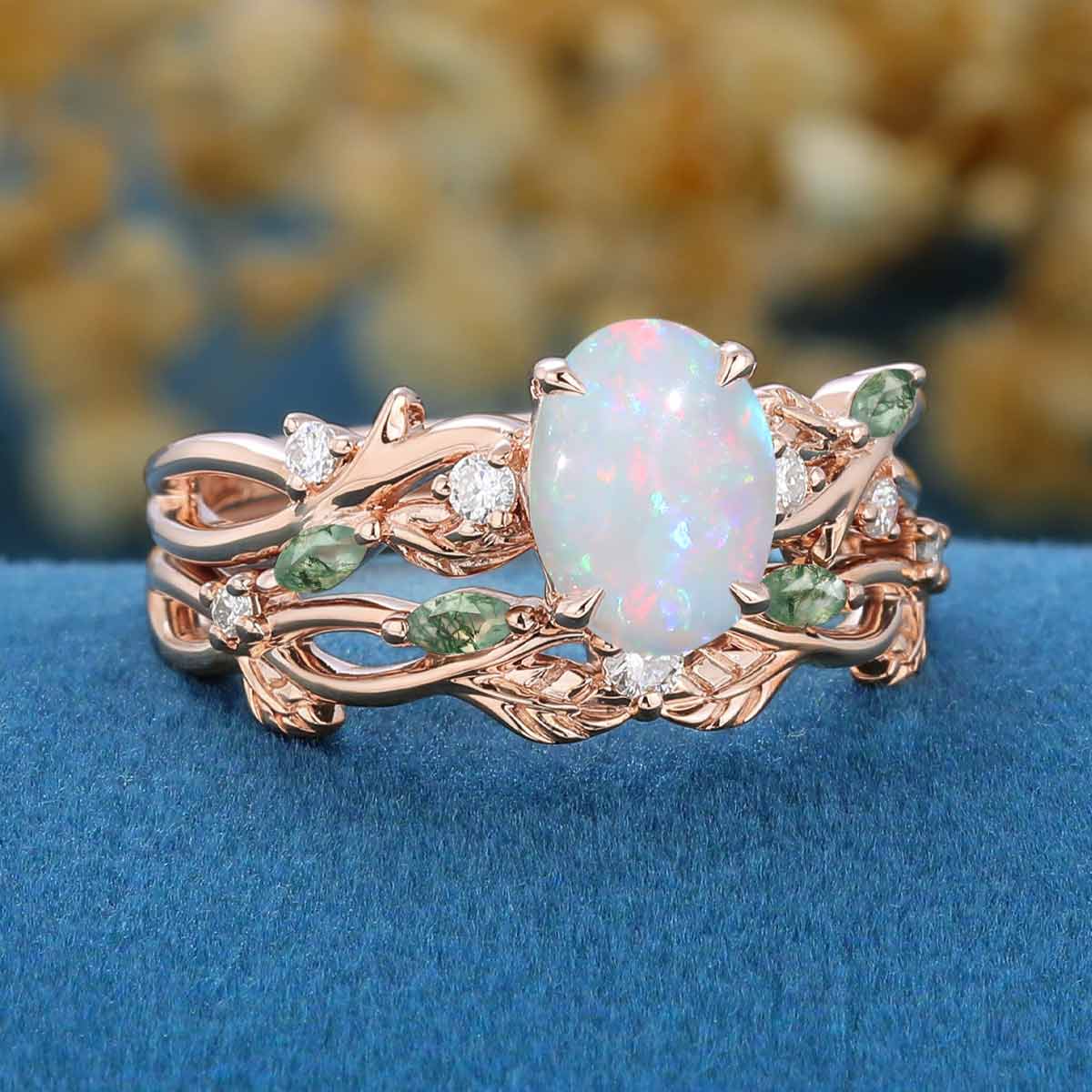 Oval cut Opal Engagement ring + Moss Agate Curved Wedding bridal set