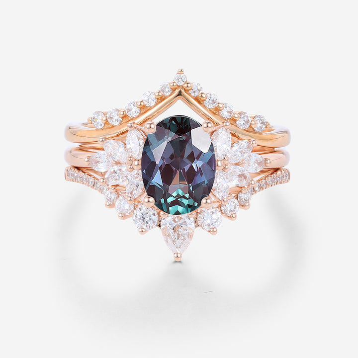 1.5Carat Oval Alexandrite Cluster Engagement ring Bridal Set