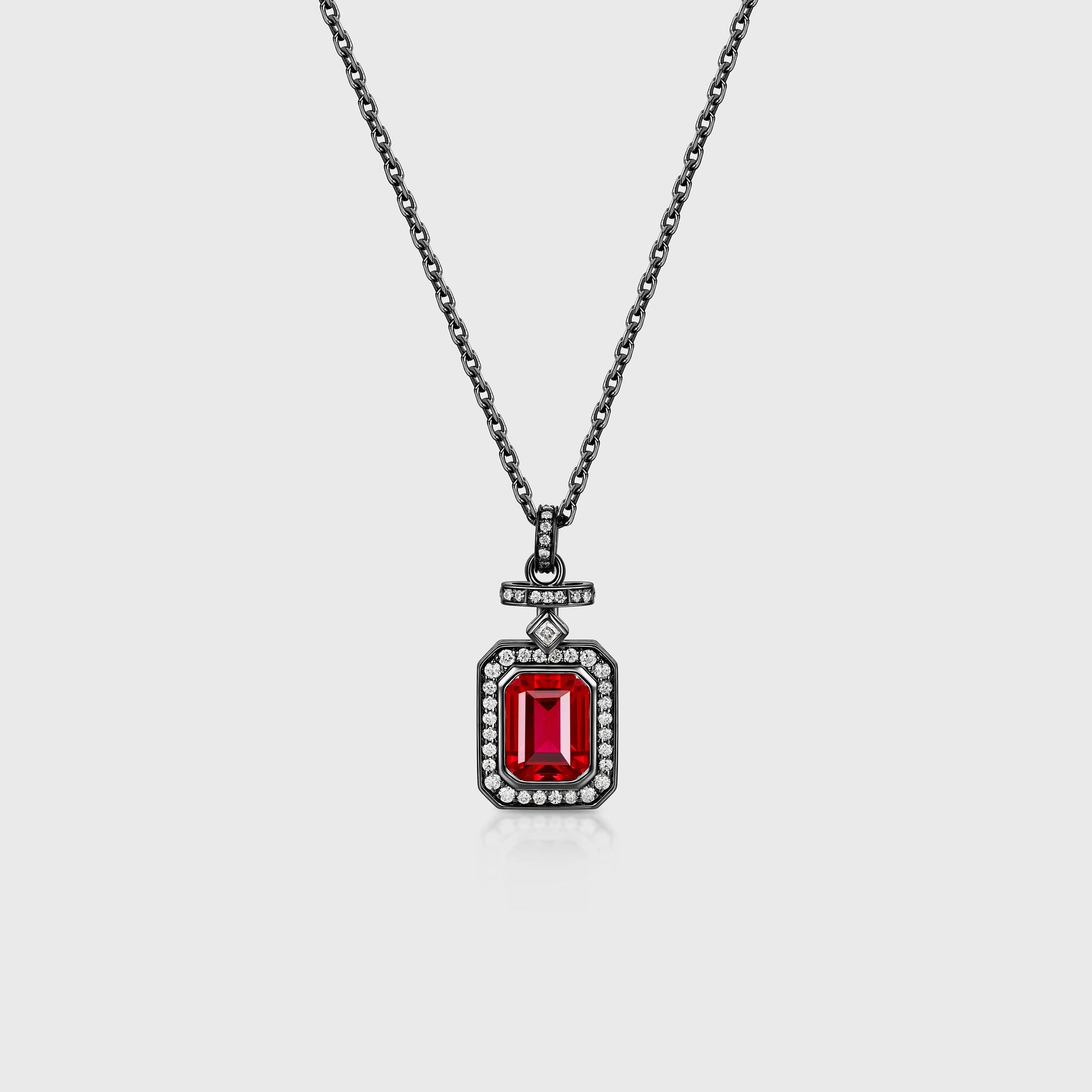 Emerald cut Lab Ruby Pendant Necklace with Moissanite Halo Accents