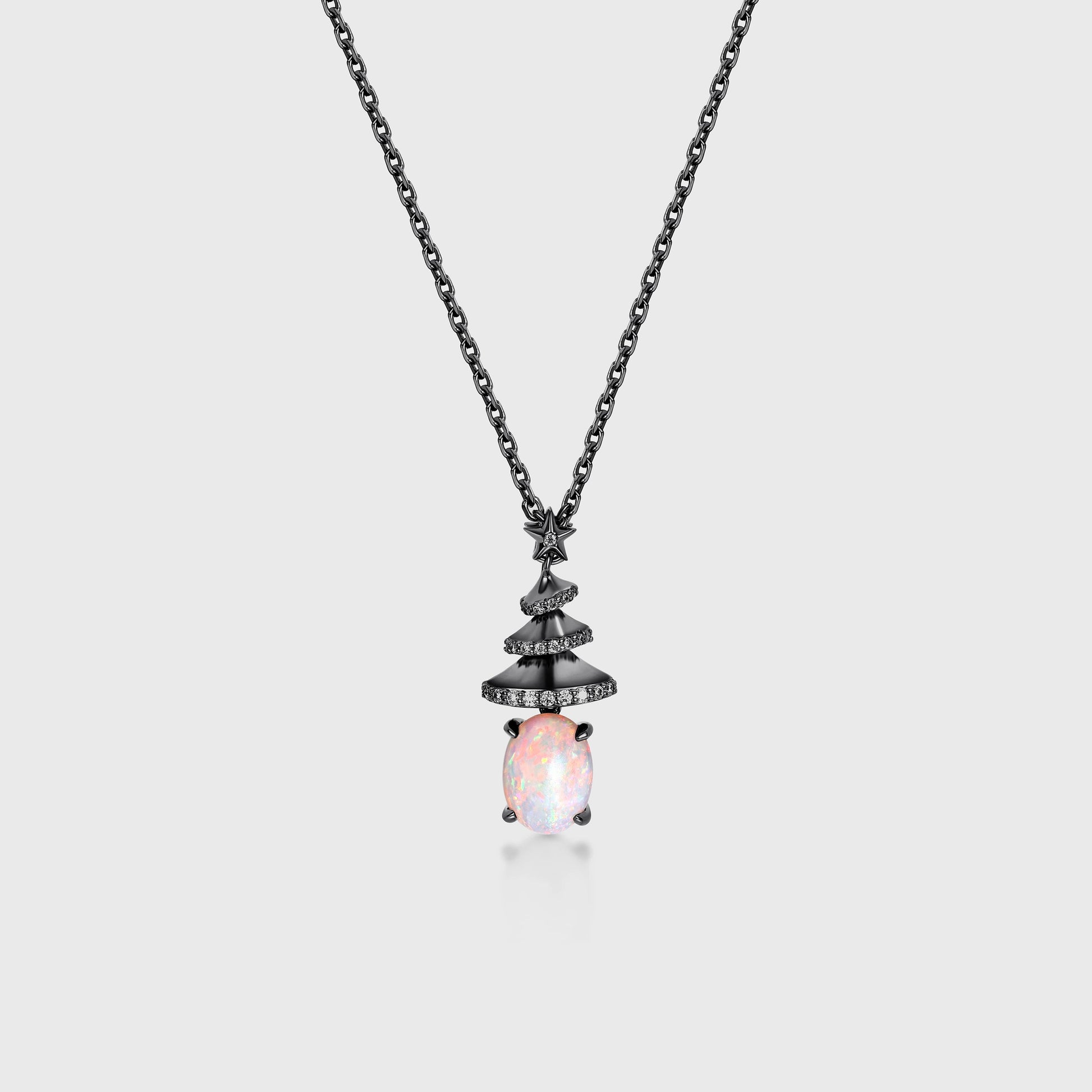 Oval cut Natural Opal Pendant Necklace with Diamonds Christmas tree