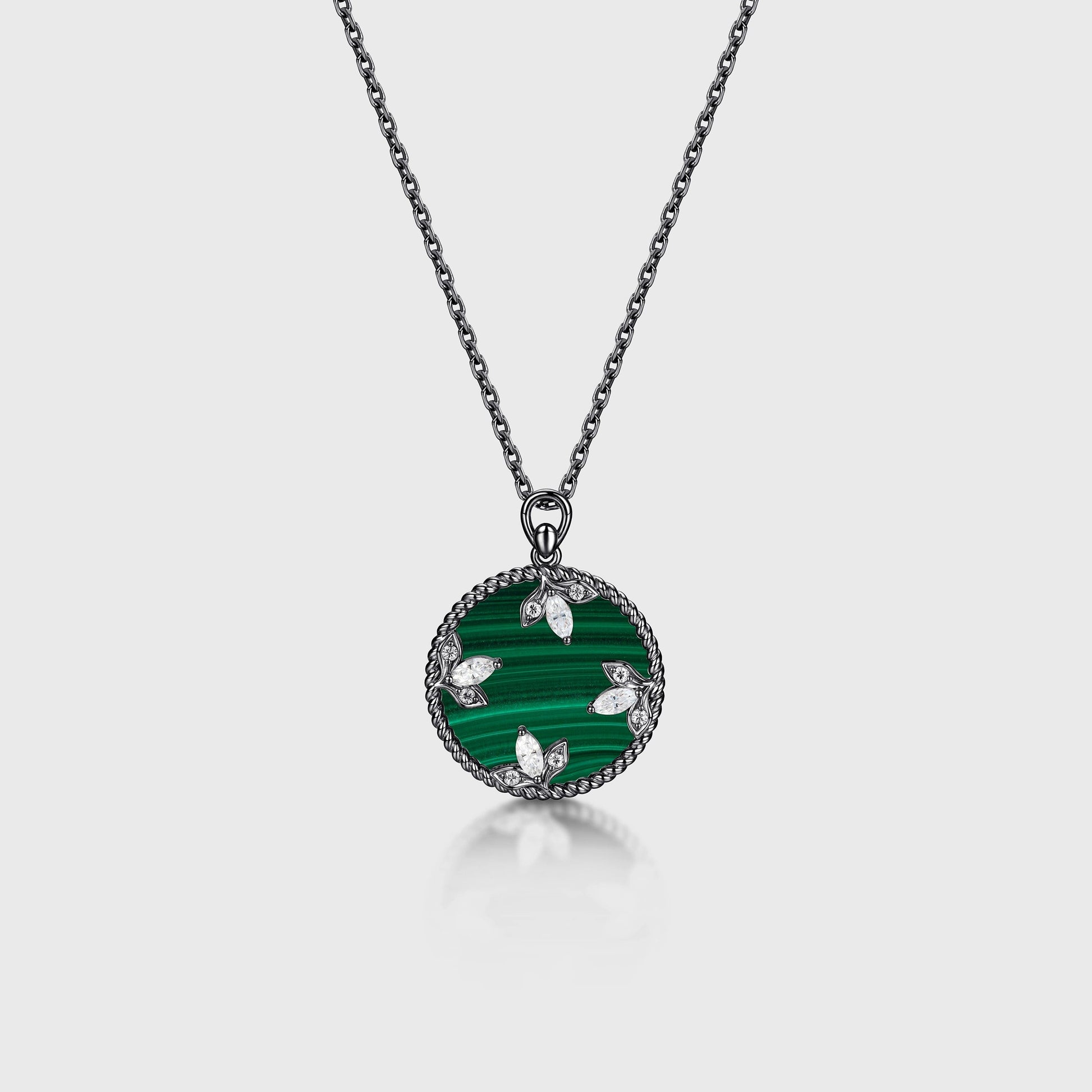 Round cut Malachite Pendant Necklace with Diamonds Halo Accents