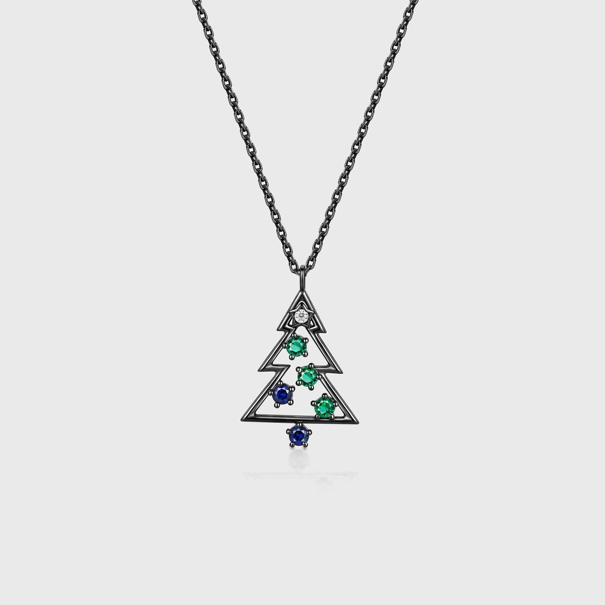 Christmas Tree Pendant Necklace with Moissanite| Lab Blue Sapphire  | Lab Emerald