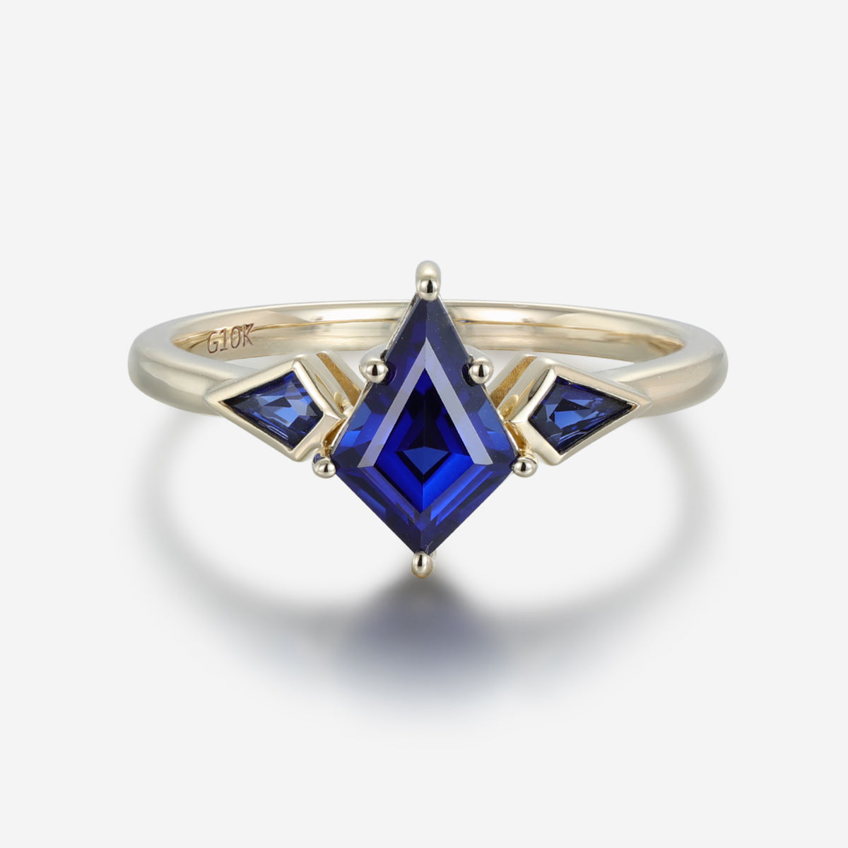 Kite Cut Lab Sapphire Yellow Gold Engagement Ring