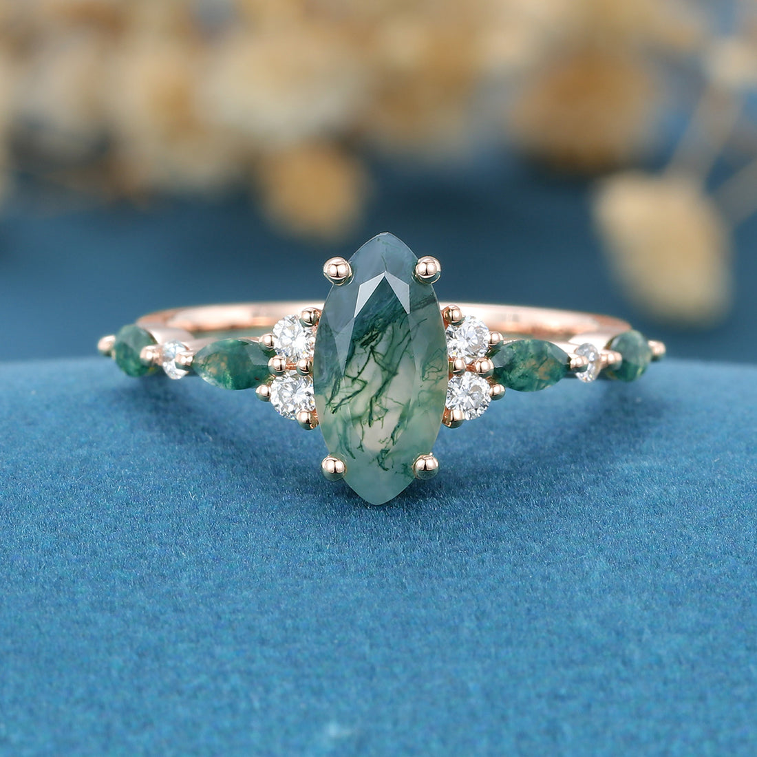 Marquise cut Moss Agate Matching Moss Agate |  Diamonds Gold Engagement Ring