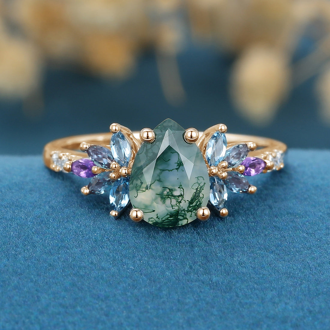 Pear Cut Moss Agate Solid Gold Engagement Ring