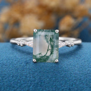 Emerald Cut Natural Green Moss Agate Cluster Engagement Ring