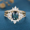 3PCS Oval cut Blue green sapphire Engagement Ring Set