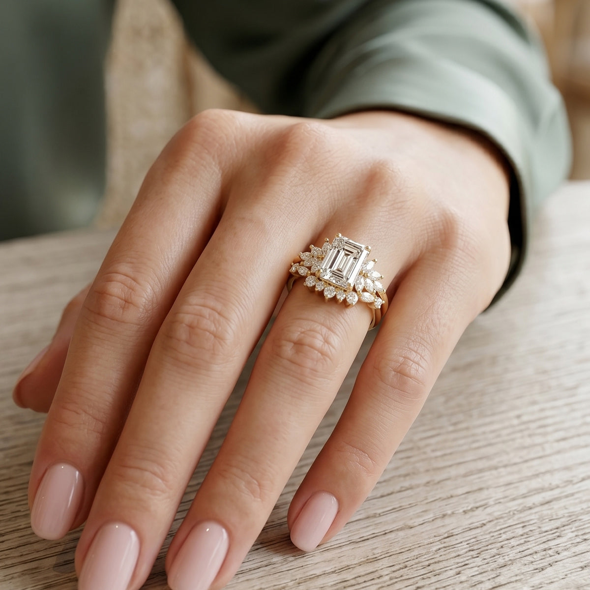 1.0CT~5.0CT Emerald cut Lab grown Diamond Cluster Engagement Ring Set
