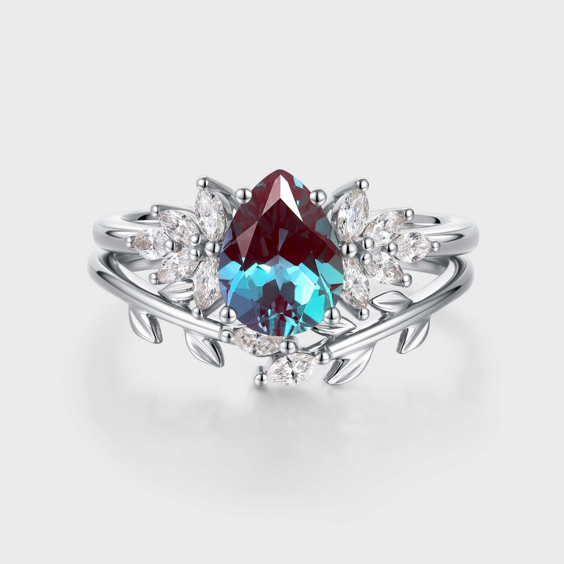 Pear cut Lab Alexandrite Engagement ring Bridal Set