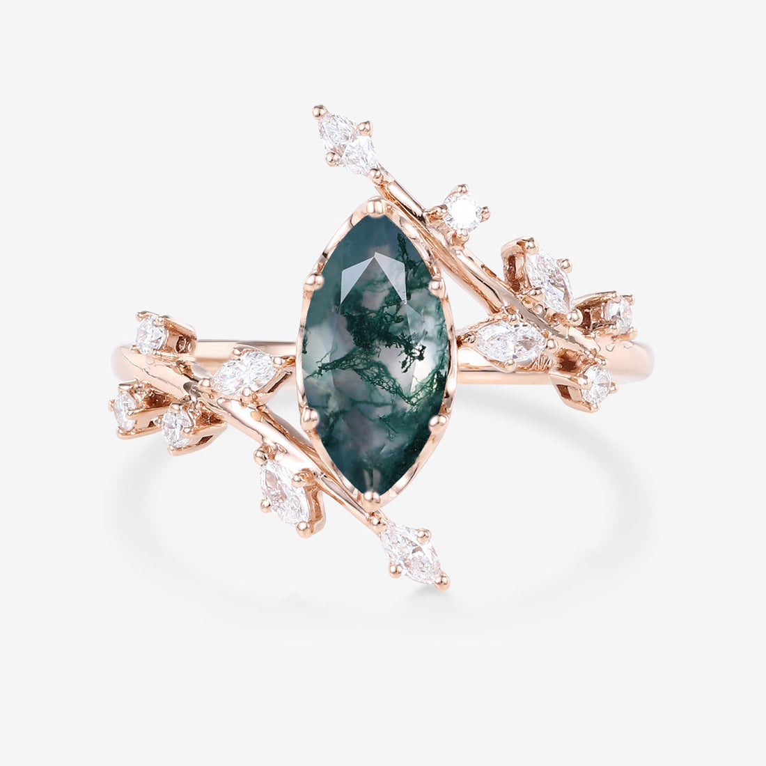 Bezel setting Marquise cut Moss Agate Rose Gold Engagement Ring