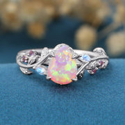 Inspired Pear cut Lab Pink Opal Matching Moonstone | Amethyst Solid Gold Engagement Ring