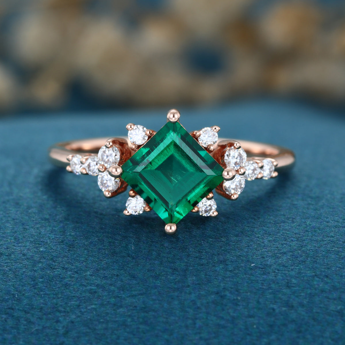 Princess cut Lab grown Emerald Solid Gold Engagement Ring