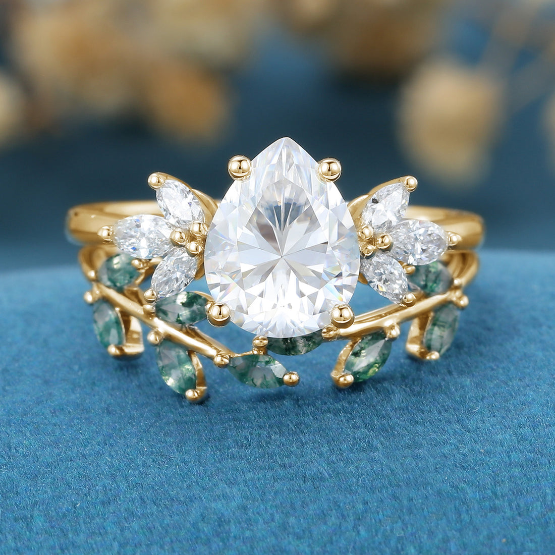 1.0Carat Pear Cut Lab grown diamond Matching Moss Agate Cluster Gold Bridal Set