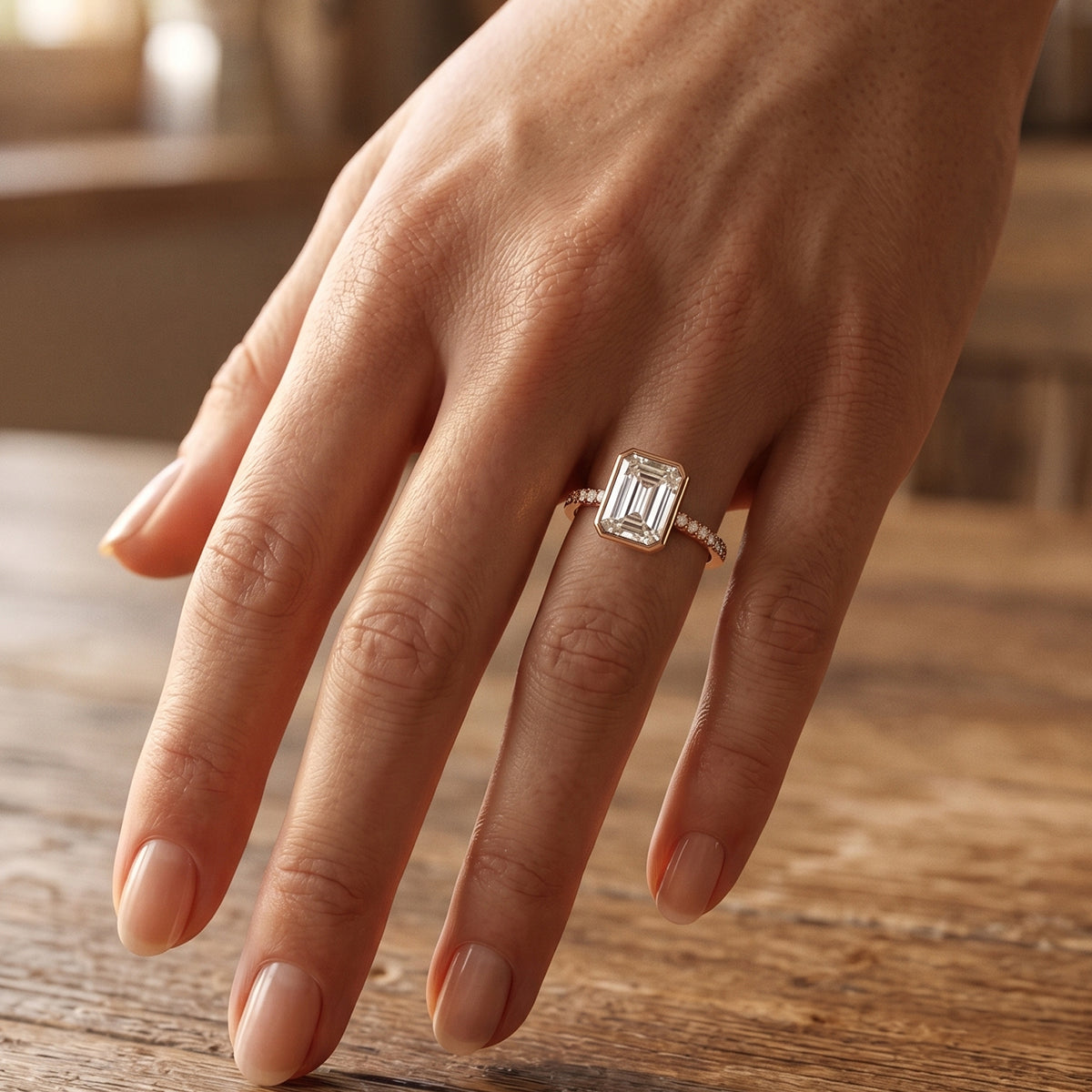 1.0CT~5.0CT Bezel setting Emerald cut Lab grown Diamond Half Eternity Sold Gold Engagement Ring