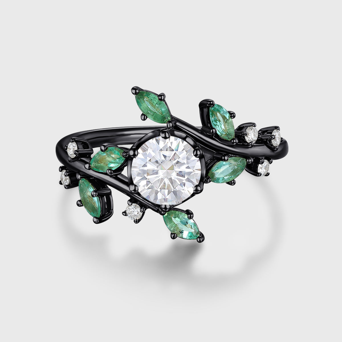 Nature Inspired Round cut Moissanite | Natural Emeralds Gold Engagement Ring