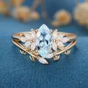 Marquise cut Aquamarine Cluste Engagement ring Bridal Set