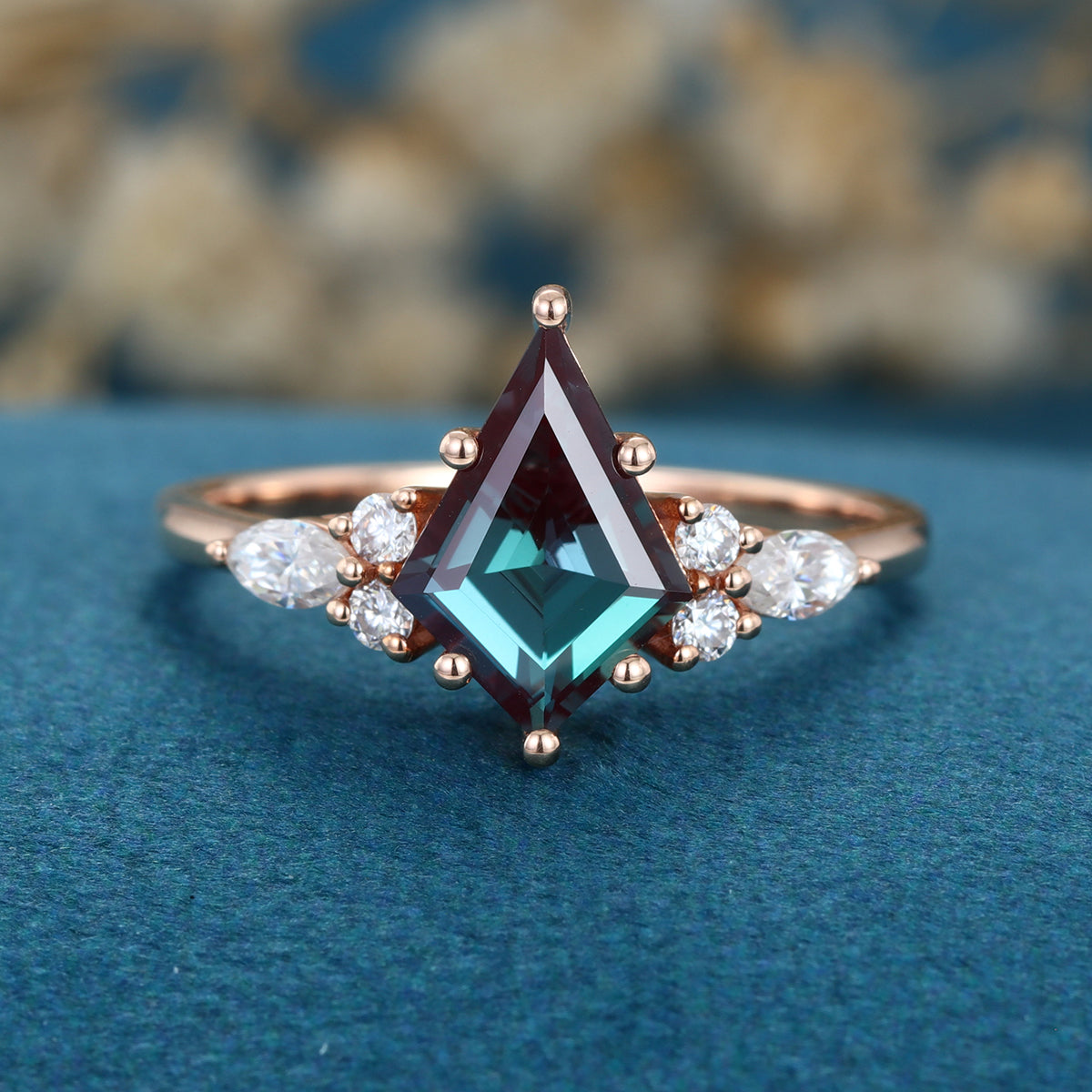 Kite cut Lab Alexandrite Solid Gold Engagement Ring