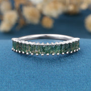 Baguette Moss Agate Half Eternity Wedding Band