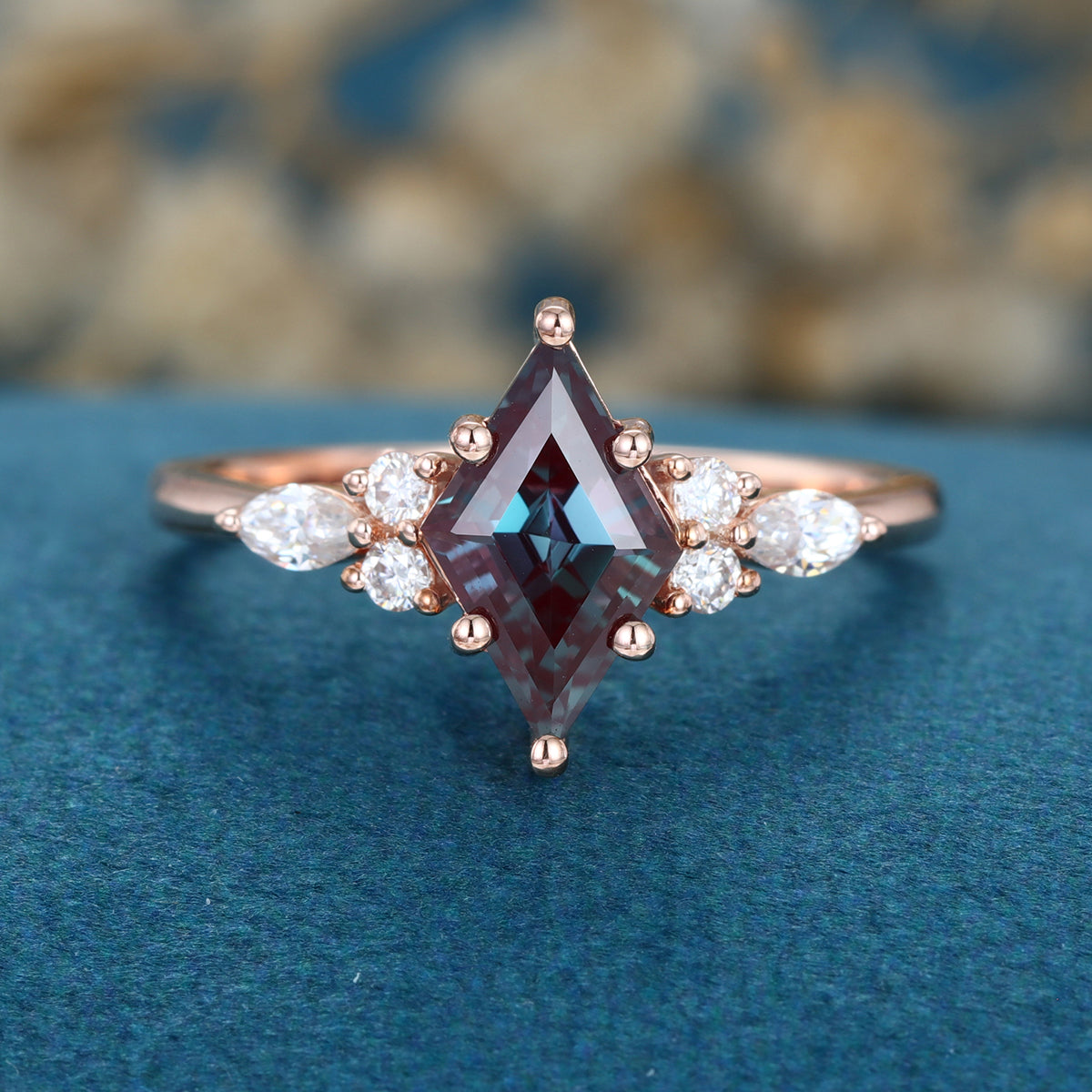 Lozenge cut Lab Alexandrite Solid Gold Engagement Ring