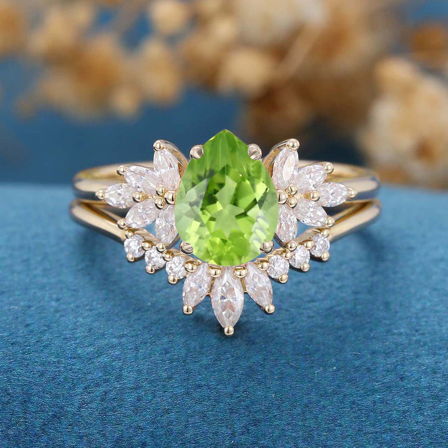 Pear cut Olivine Cluster Engagement ring Bridal Set