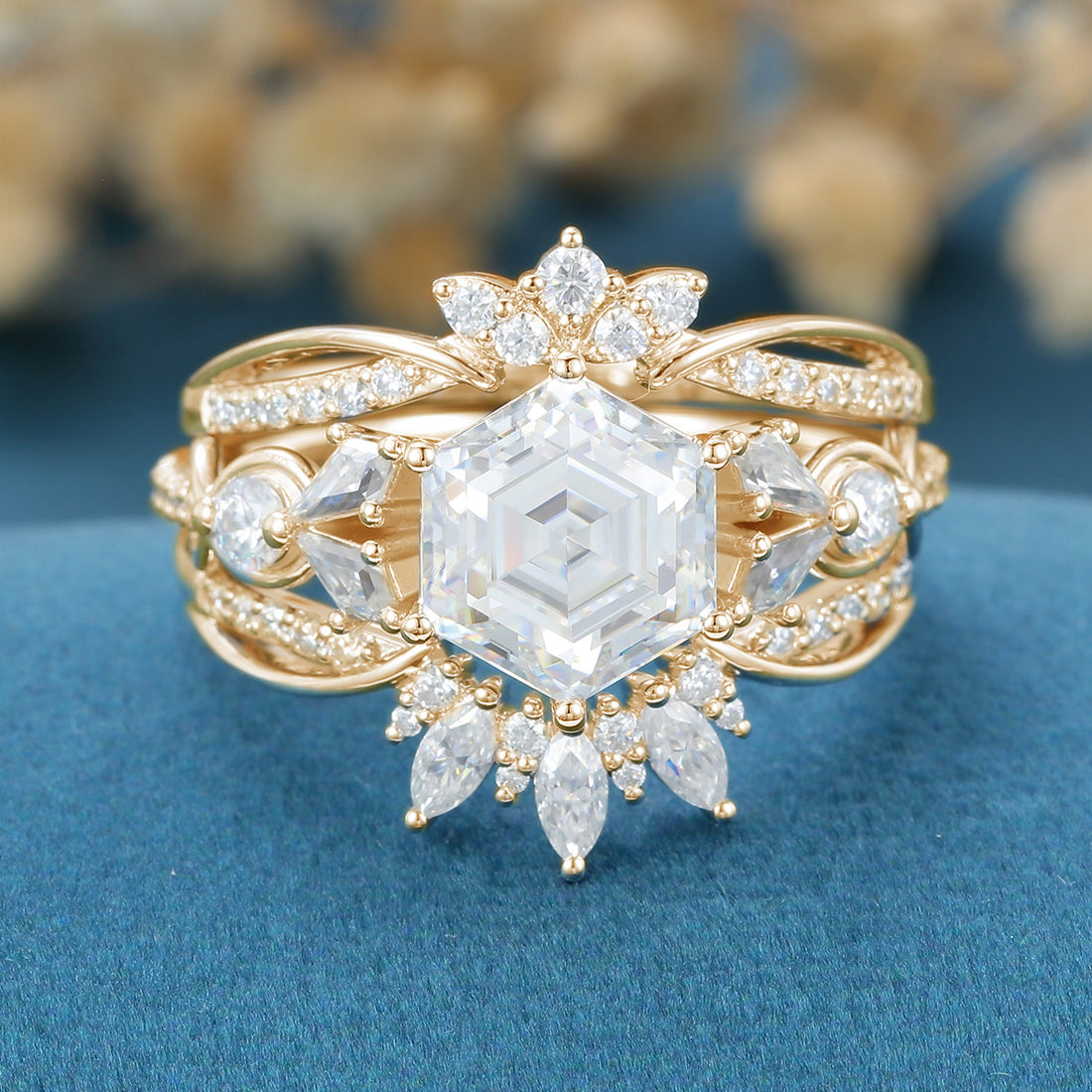 Hexagon Cut Moissanite Cluster Engagement Ring set
