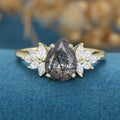 Pear cut Black Rutilated Quartz Cluster Engagement ring