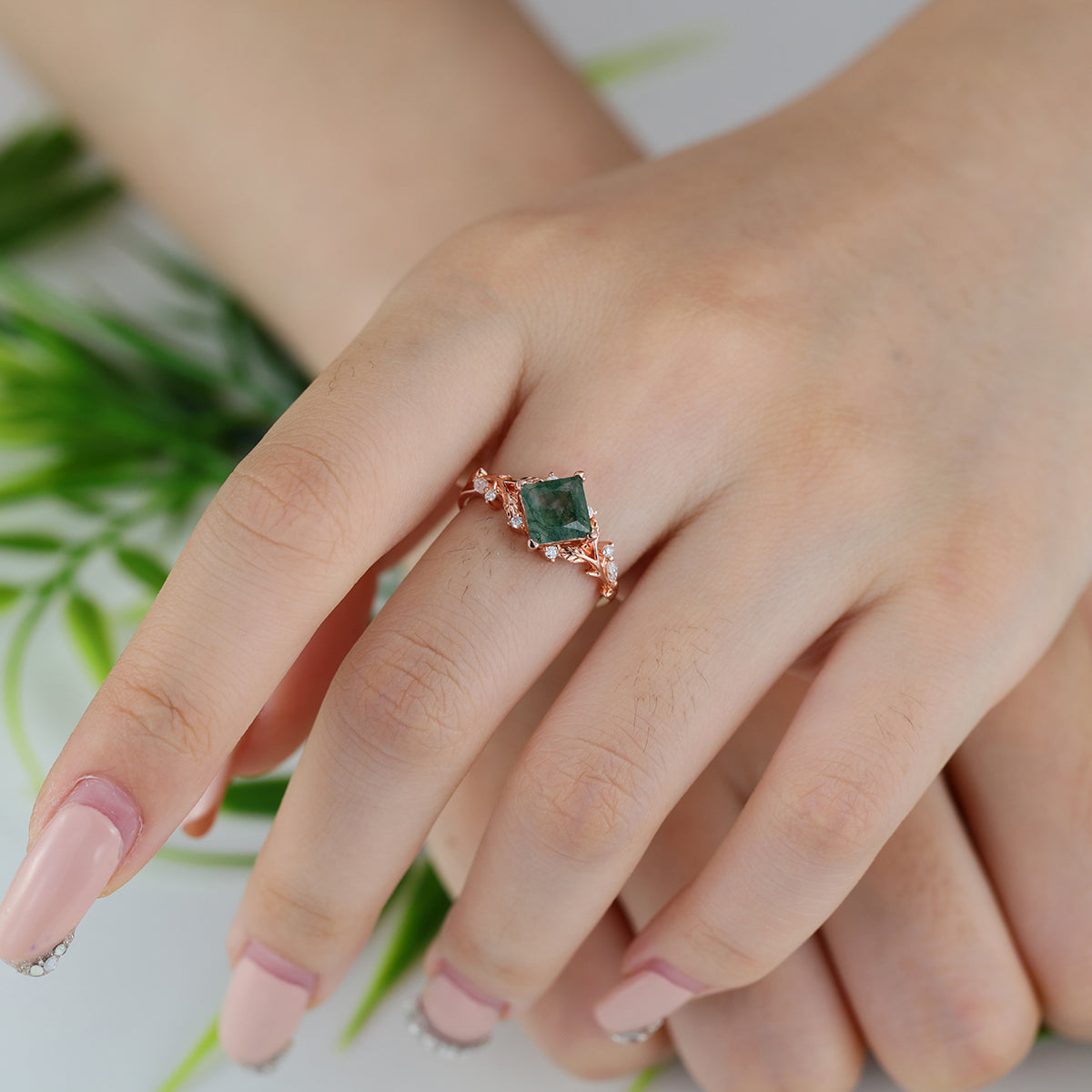 Nature Inspired Princess cut Moss Agate Damonds Leaf Gold Engagement Ring