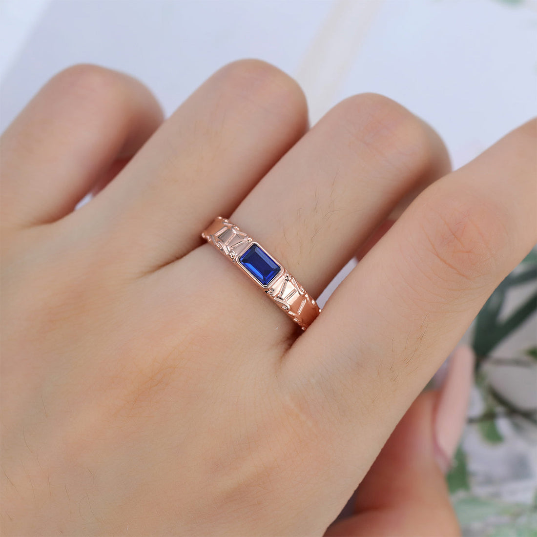 Unique Emerald cut Lab Sapphire Mens Wedding Band Promise Rings For Men