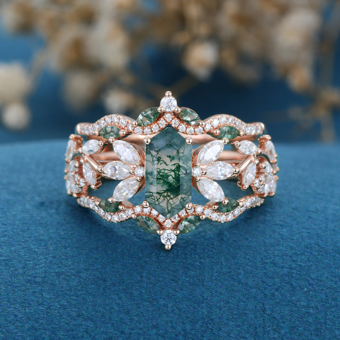 Long Hexagon cut Moss Agate Gold Wedding Bridal Set