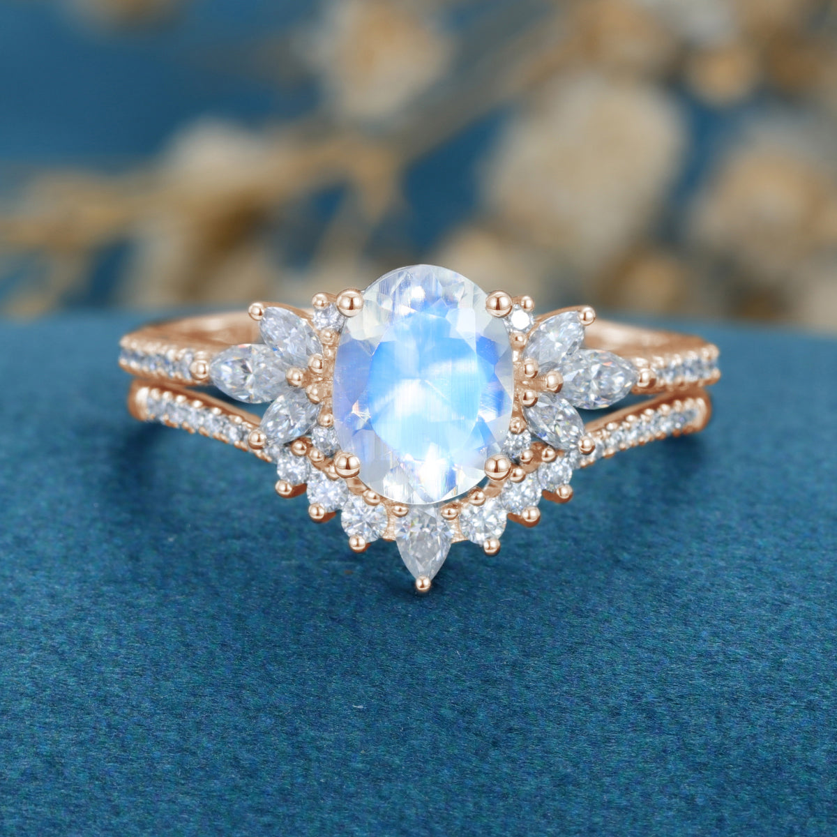 1.5 Carat Oval cut Moonstone Cluster Engagement ring Bridal Set