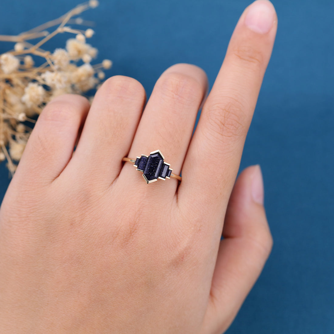 Bezel setting Long Hexagon cut Blue Sandstone Engagement Ring