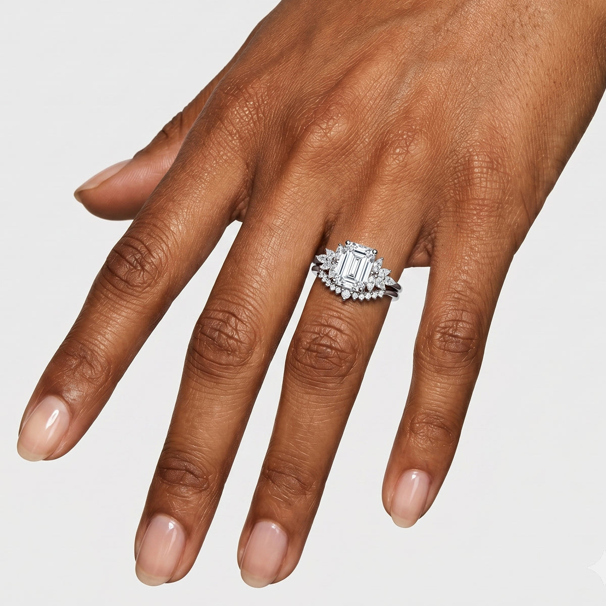 1.0CT~5.0CT Emerald cut Lab grown Diamond Cluster Engagement Ring Set