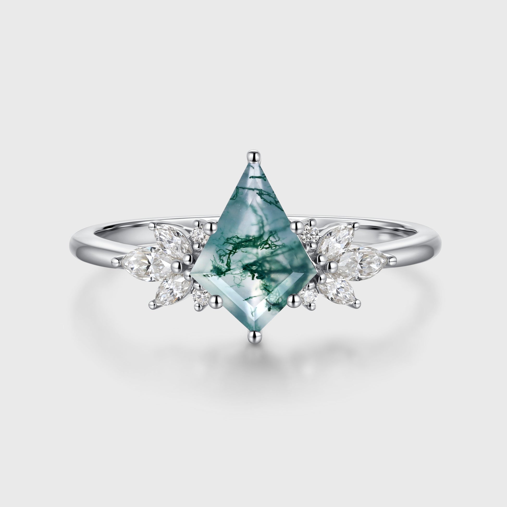 Kite Cut Natural Green Moss Agate Cluster Engagement Ring