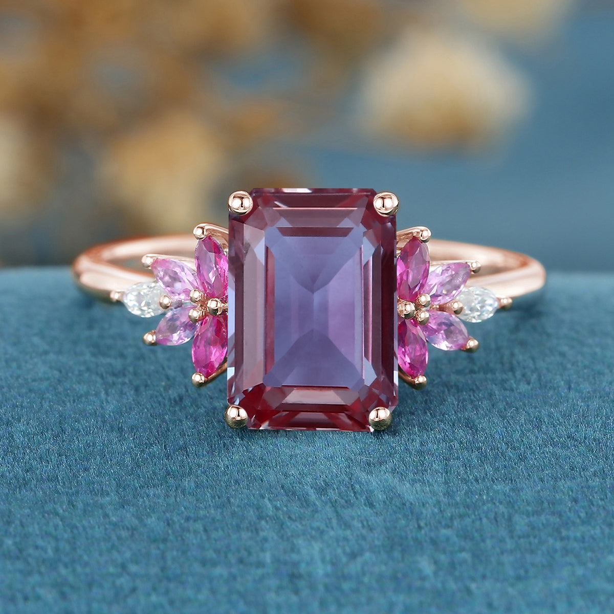 Radiant Cut lab Alexandrite  Cluster Engagement Ring