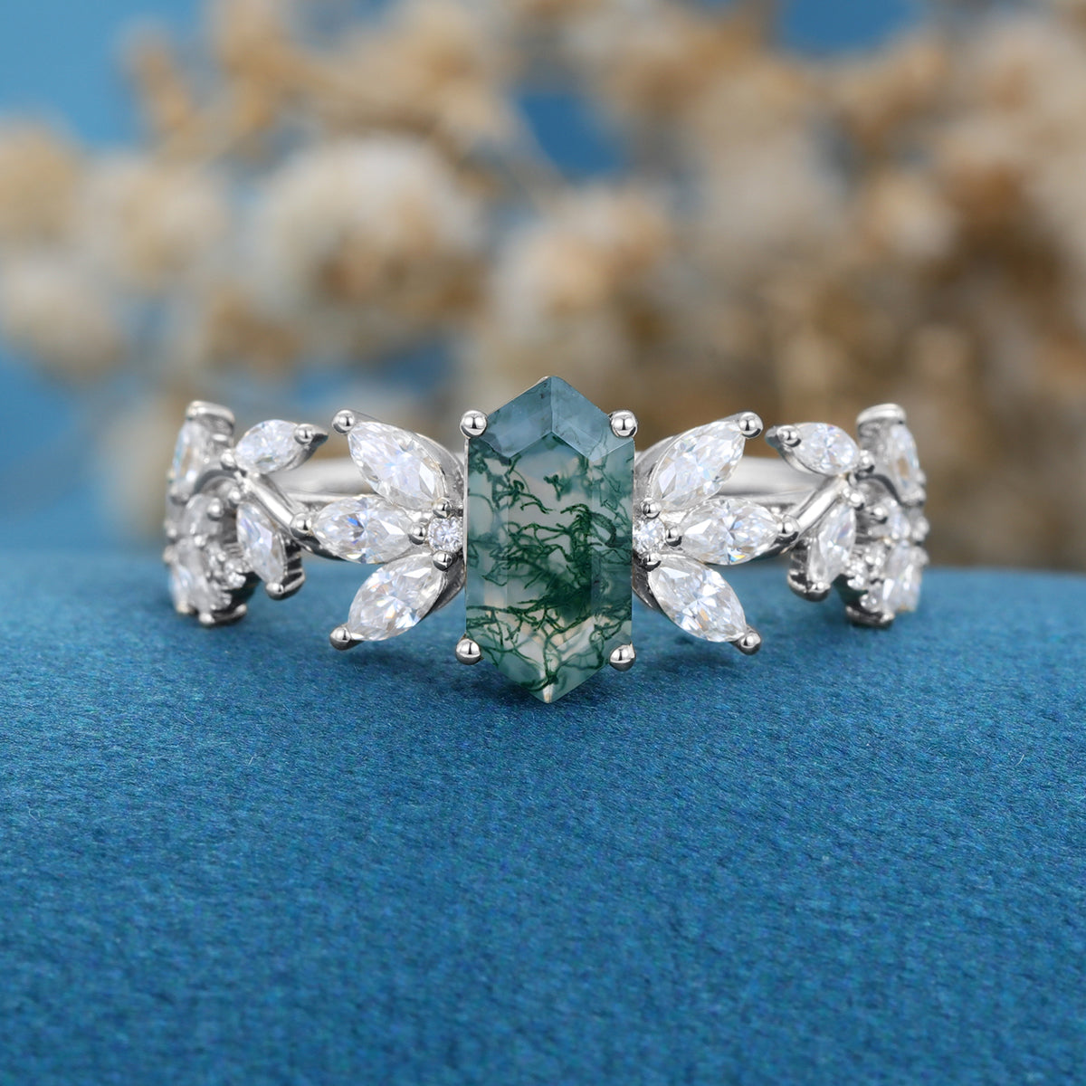 Long Hexagon cut Moss Agate Gold Engagement Ring