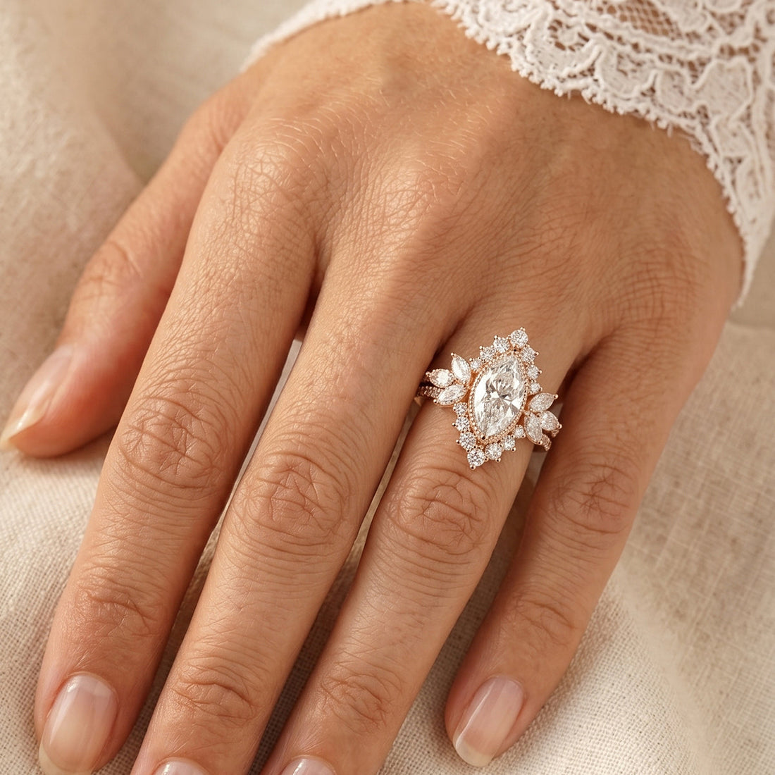 1.0CT~5.0CT Marquise cut Lab grown Diamond Halo Engagement Ring Set Luxury Pave Everyday Stackable Set
