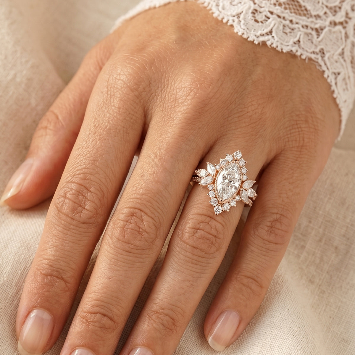 1.0CT~5.0CT Marquise cut Lab grown Diamond Halo Engagement Ring Set Luxury Pave Everyday Stackable Set