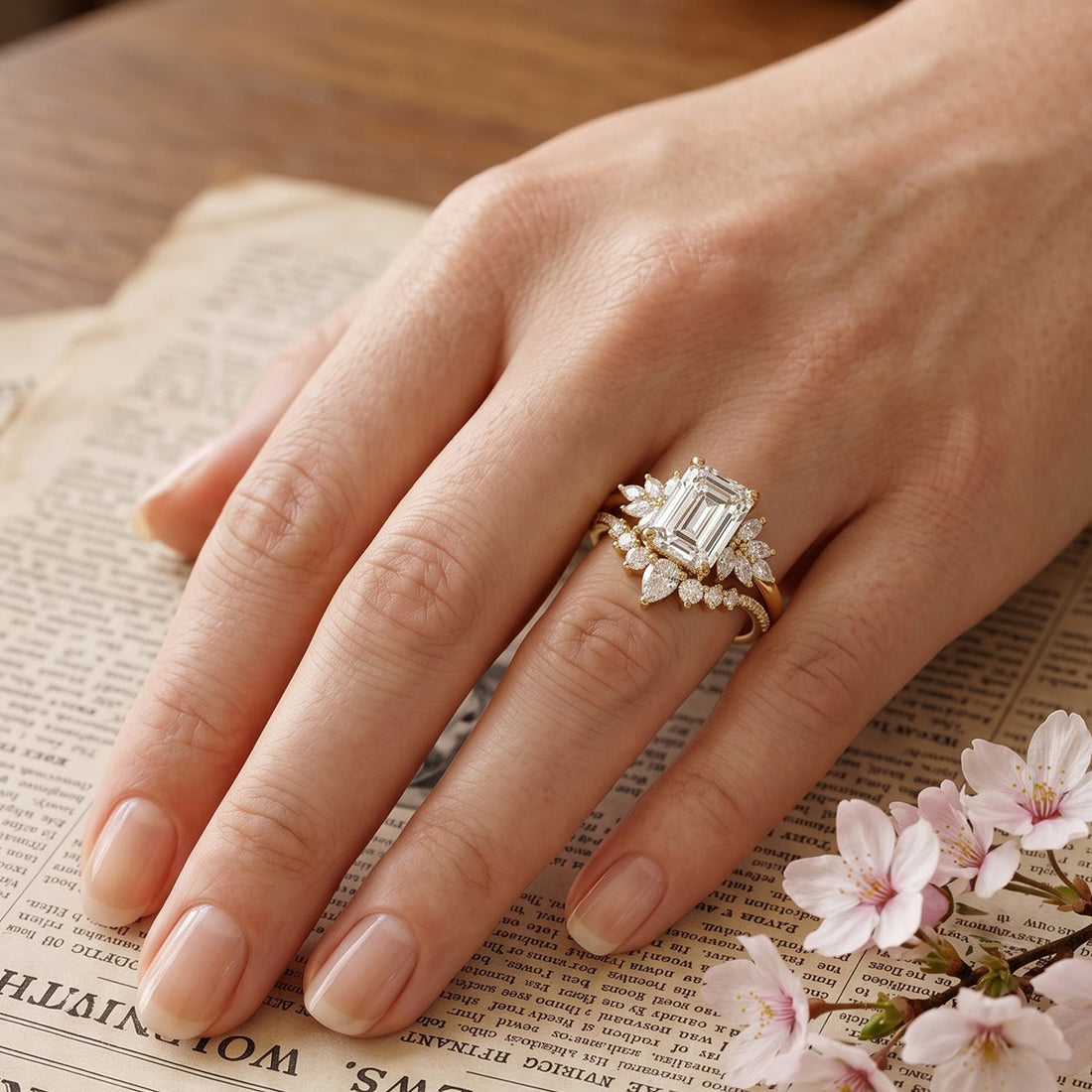 1.0CT~5.0CT Emerald cut Lab grown Diamond Cluster Engagement Ring Set