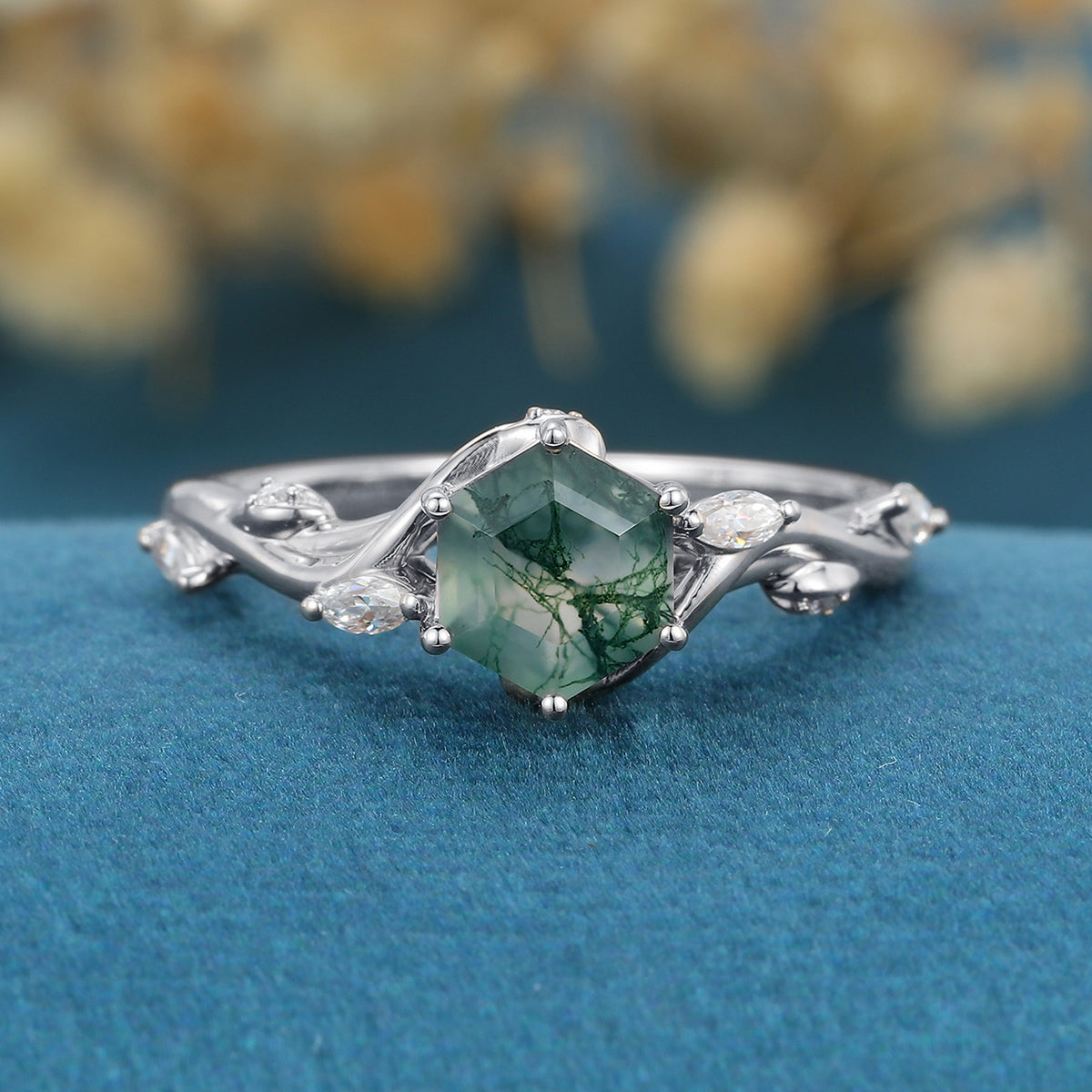 Inspired Hexagon Cut Natural Green Moss Agate  Engagement Ring