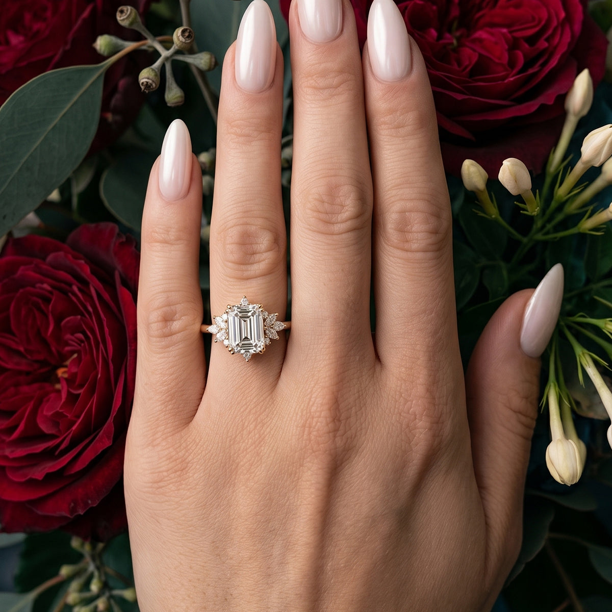 1.0CT~5.0CT Emerald cut Lab grown Diamond Halo Engagement Ring